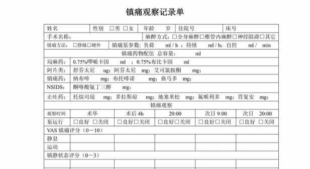 镇痛观察记录单，模板